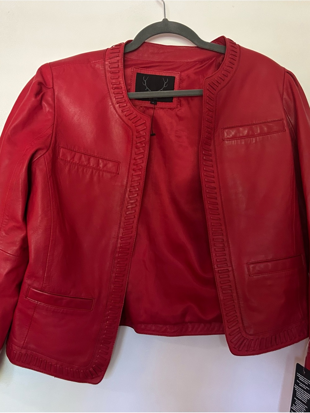 Women's Red Leather Collarless Jacket by Unknown Brand